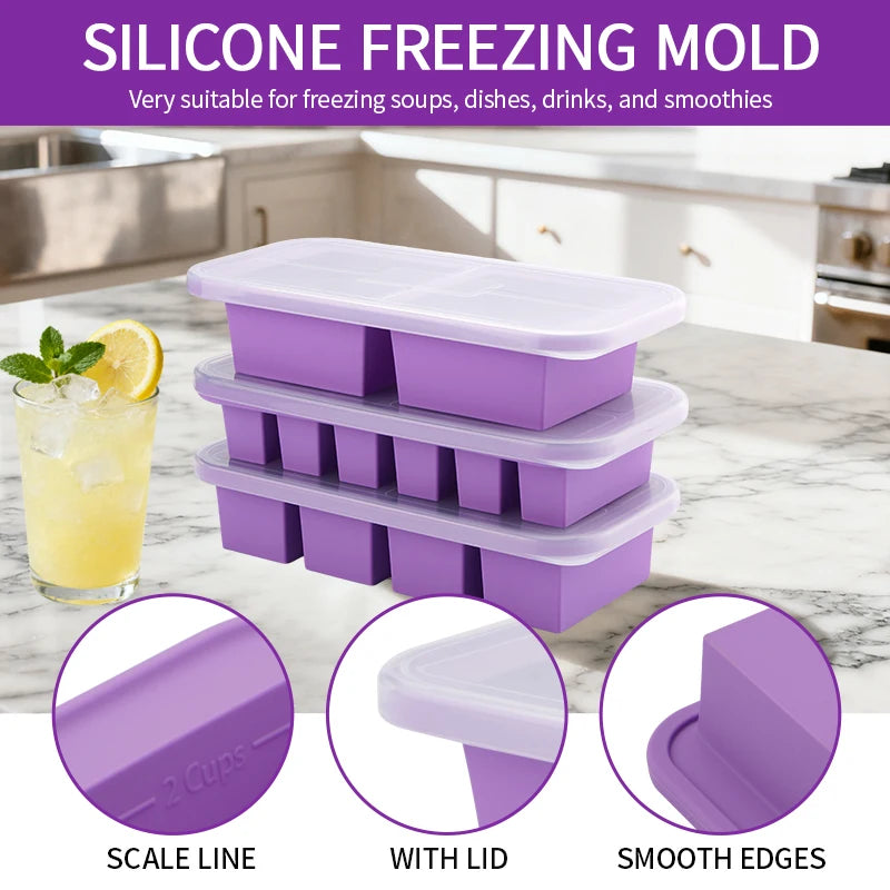 Silicone Freezing Mold Food Container with Lid Ice Cube Mold Storage Box Divided ice box for Soups Drinks Herbs juices