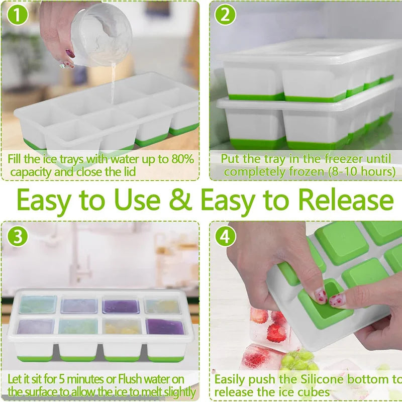 Large Ice Cube Trays Silicone Easy-Release Flexible Ice Cube Molds with Lids Big Square Cubed Ice Trays for Whiskey and Cocktail