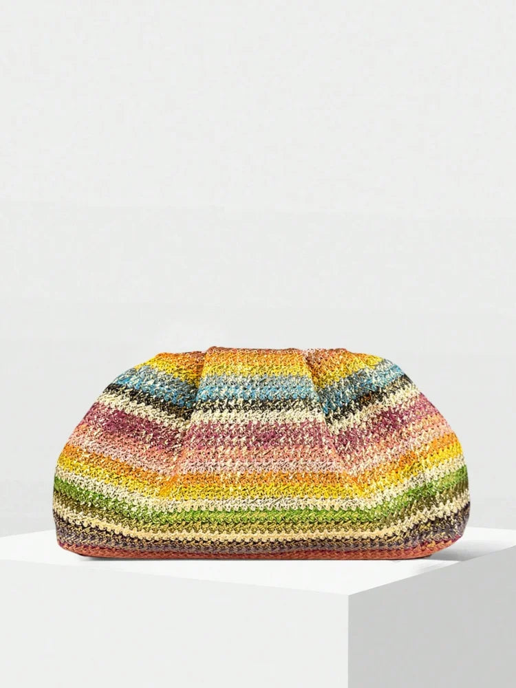 2026 Summer New Rainbow Mixed Color Stripe Knitted Woven Handbags Women Causal Weaving Purse Seaside Vacation Beach Bags
