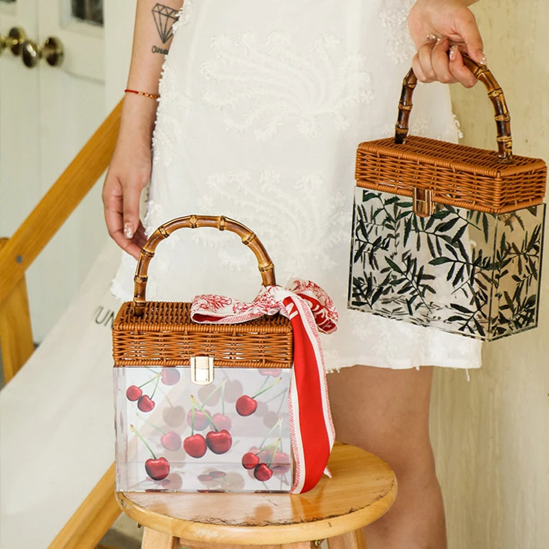 BEACH Summer Transparent Acrylic Box Printing Square Bag Bamboo Woven Handmade handle Gift Box Handbag Women Holiday Vacation