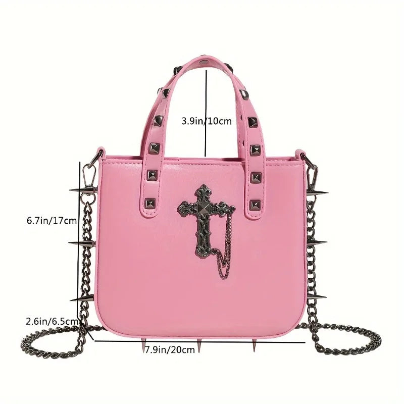Gothic Handbag for Women Studded Small Square Crossbody Bag PU Leather Shoulder Purse with Cross Design New Arrival Biker Tote