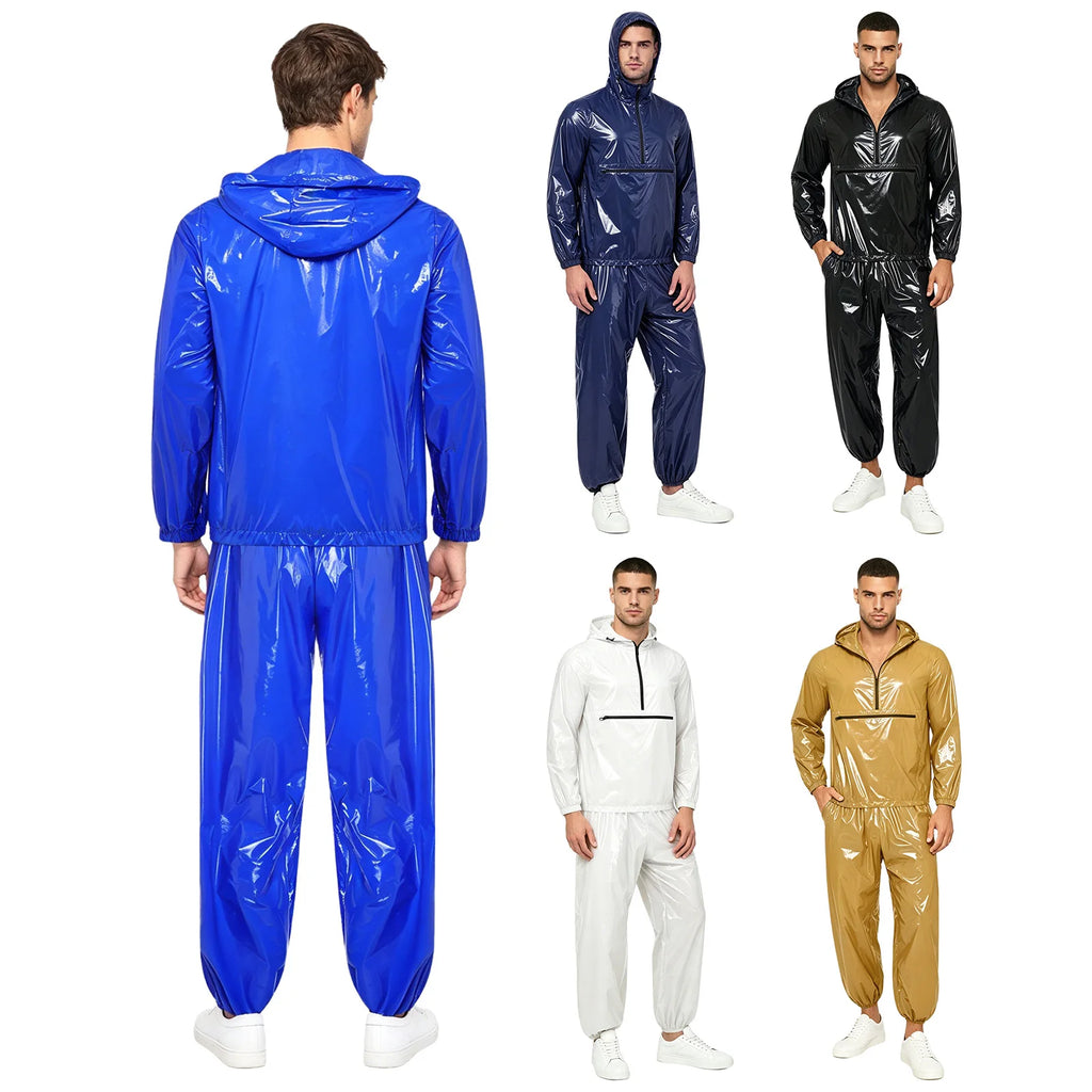 Mens Waterproof Tracksuit Sauna Sweat Outfit Zipper Pocket Hoodie Sweatshirt Windbreaker And Jogging Pants Rainwear Sportswear