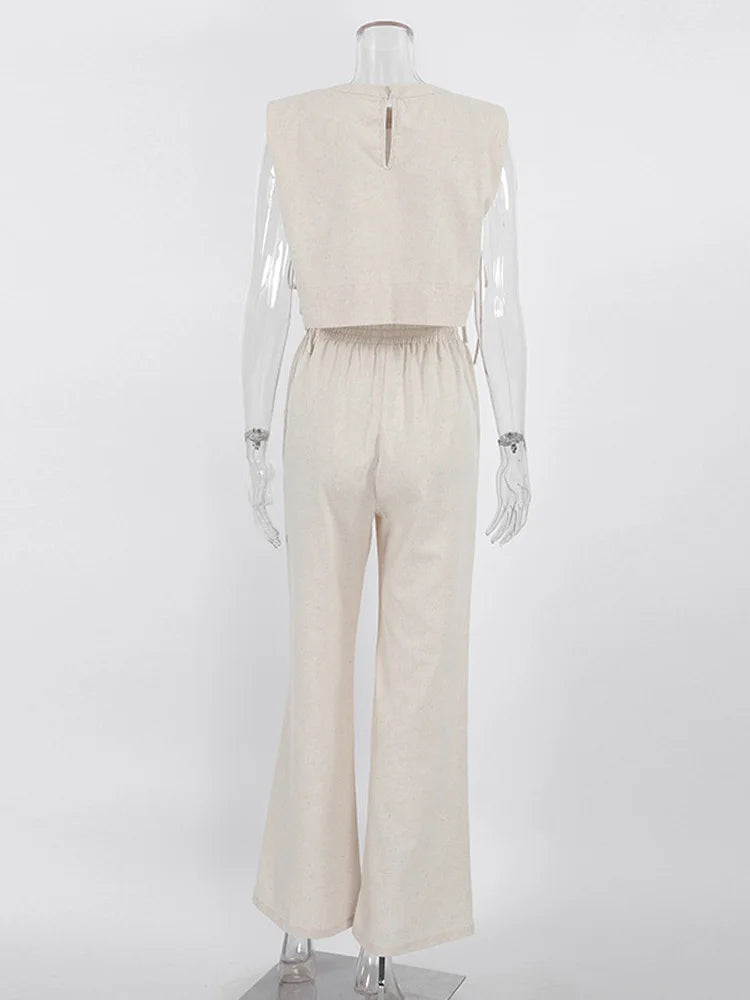 Spring Summer 2025 Women Holiday Linen Pant Set Crop Tops Solid Outfits 2 Two Piece Matching Set For Women
