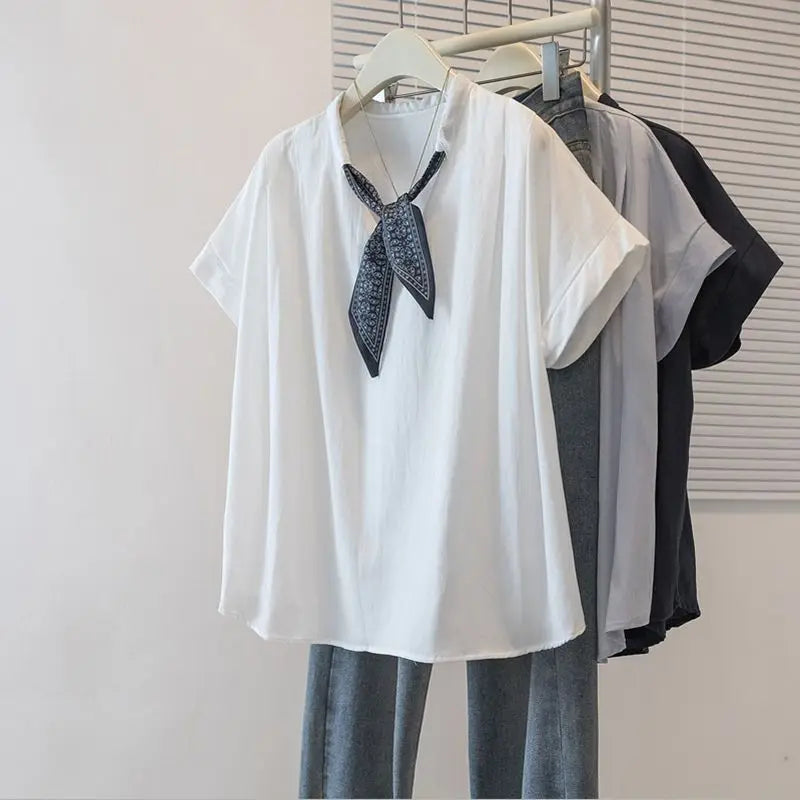 Plus-size women's spring and summer solid color casual beret collar with inner and outer wear V-neck short-sleeve T-shirt