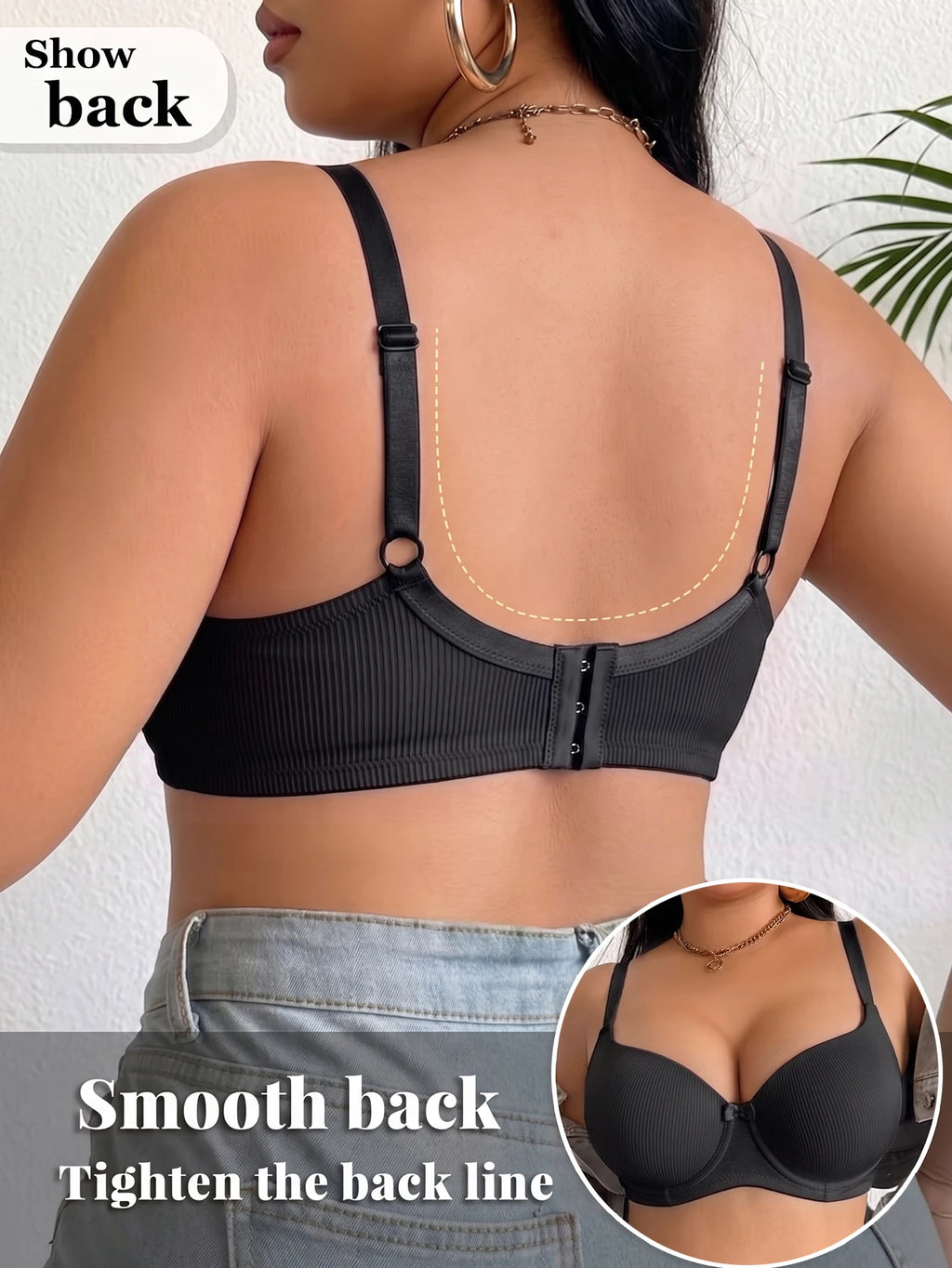 Full Coverage Women Plus Size Bra Ribbed Underwire Push Up Bra Thin Cup Minimizer Solid Basic Skin-Friendly Comfortable Bra
