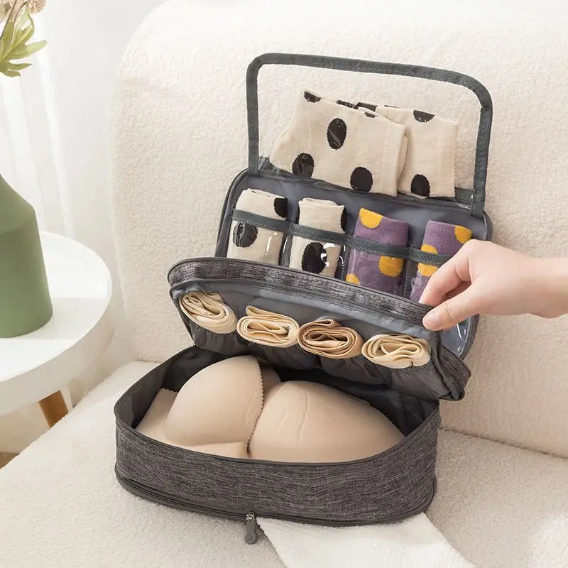 Women's Portable Multi-Layer Travel Lingerie Storage Bag Underwear Organizer Waterproof Divided Pouch for Socks & Bras Trip Case