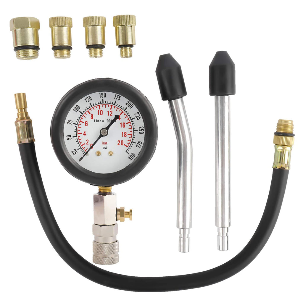 8 PCS Gasoline Engine Compression Tester Set 0-300 PSI Automobile Cylinder Pressure Gauge Kit with M10 M12 M14 M18 Adapter
