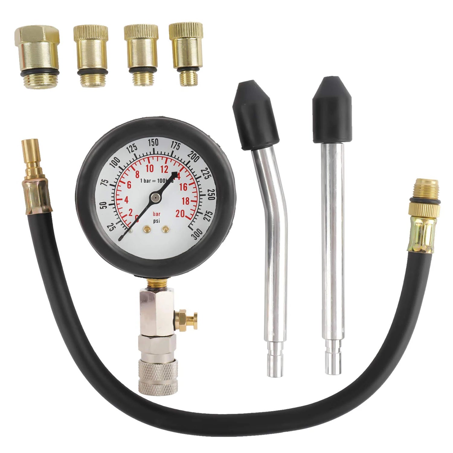 8 PCS Gasoline Engine Compression Tester Set 0-300 PSI Automobile Cylinder Pressure Gauge Kit with M10 M12 M14 M18 Adapter