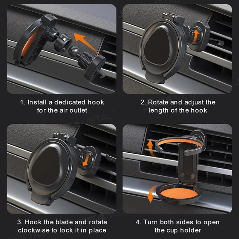 SEAMETAL Car Cup Holder Air Outlet Vent Magnetic Phone Mount 2 in 1 Foldable Drink Rack Phone Holder Water Bottles Stable Stand