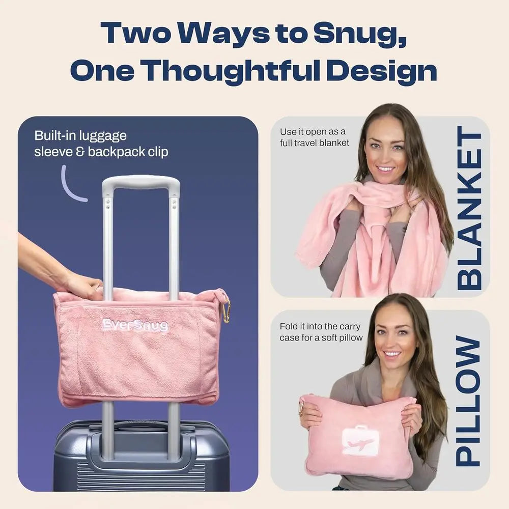 2-in-1 Travel Blanket and Pillow with Bag and Backpack Clip, Light Pink