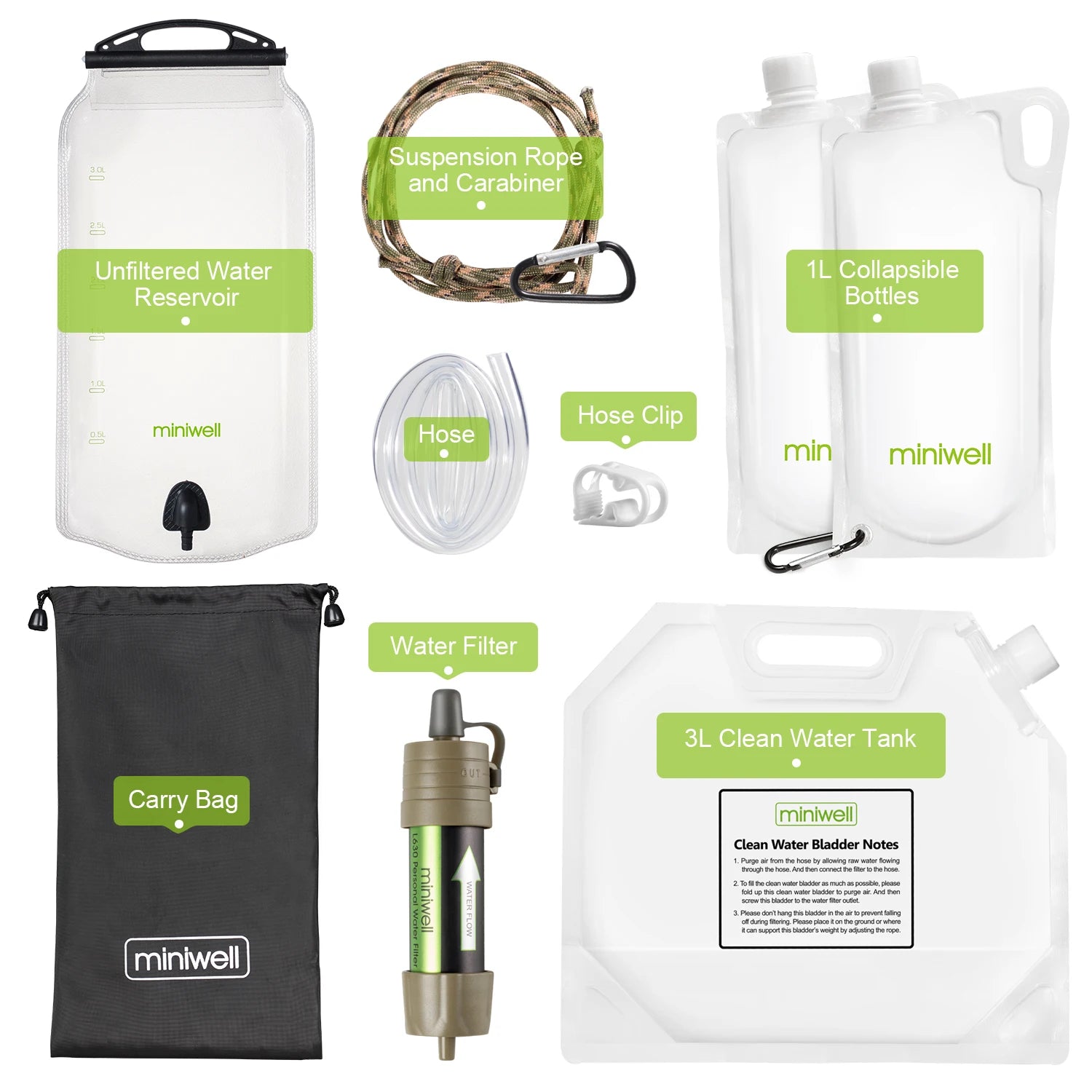 miniwell water purifier water straw filter survival emergency kit for hiking,camping,survival,emergency