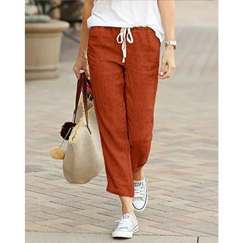 2025 New Fashion Nine-minute Trousers Solid Colour Loose Leisure Drawstring Elastic Waist Cotton Pants