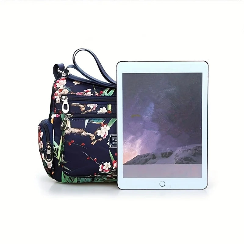 Floral Print Crossbody Bag, Trendy Nylon Shoulder Bag, Women's Multi Layer Messenger Bag For Travel