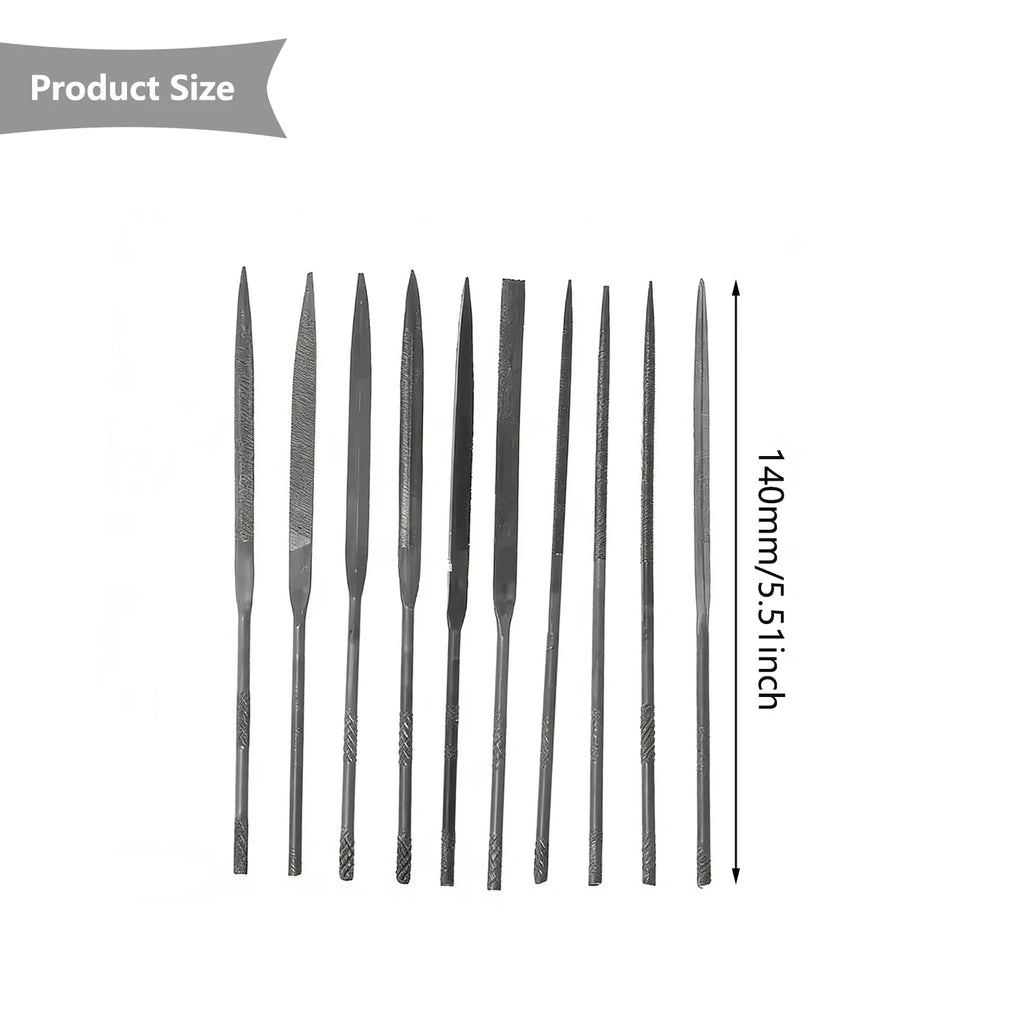 10Pcs Precision Needle File Kit 140mm, Assorted Shapes Mini Files for Metal/Wood/Plastic Detailing, Ergonomic Steel Handle