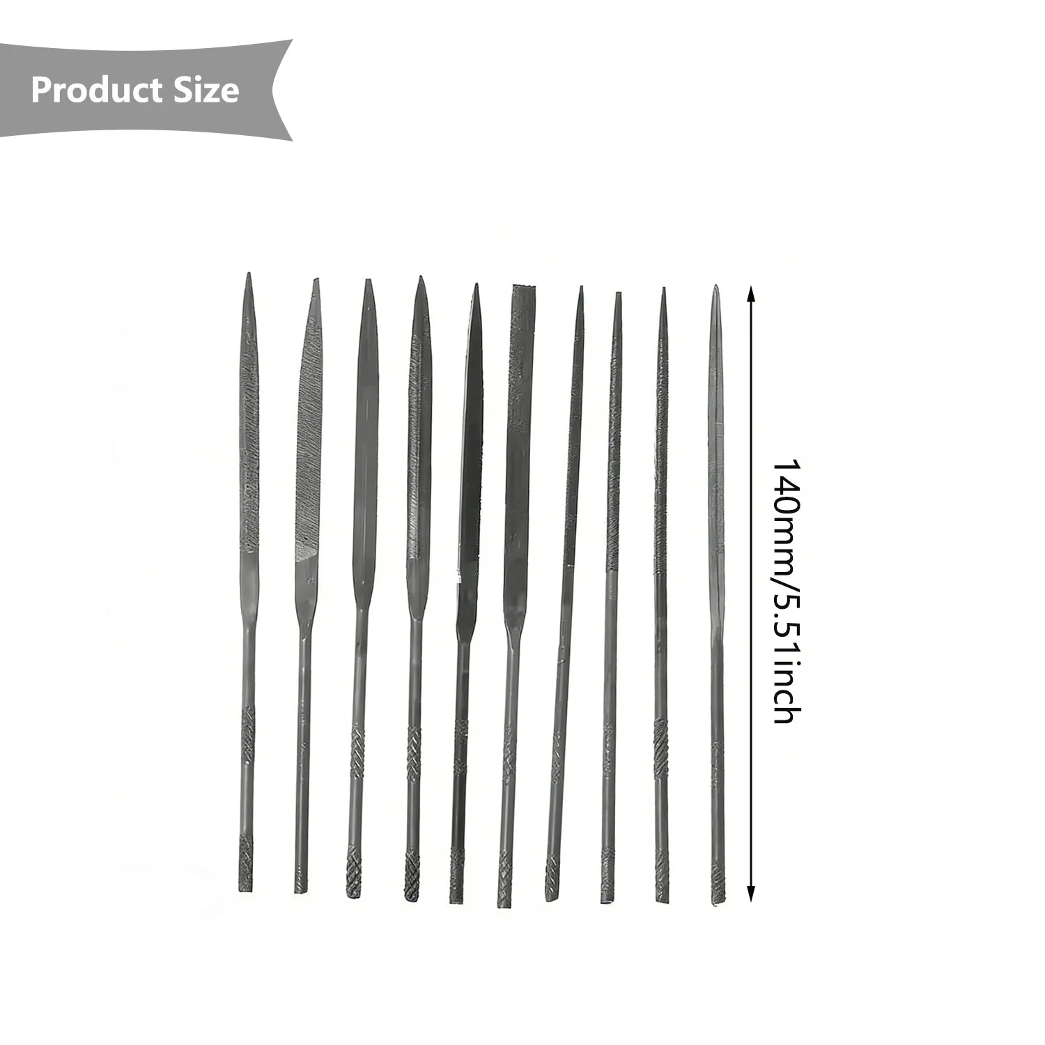 10Pcs Precision Needle File Kit 140mm, Assorted Shapes Mini Files for Metal/Wood/Plastic Detailing, Ergonomic Steel Handle