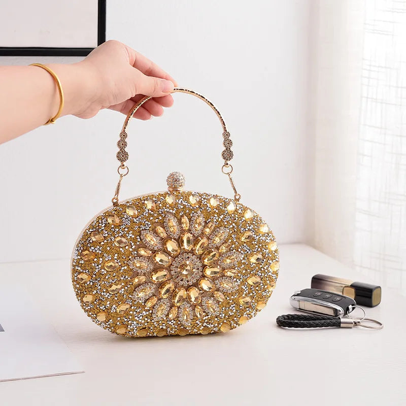 Alirattan 2026 New Flower Rhinestones Evening Bags Metal Prom Clutch Diamonds Clutch Chain Shoulder Handbags
