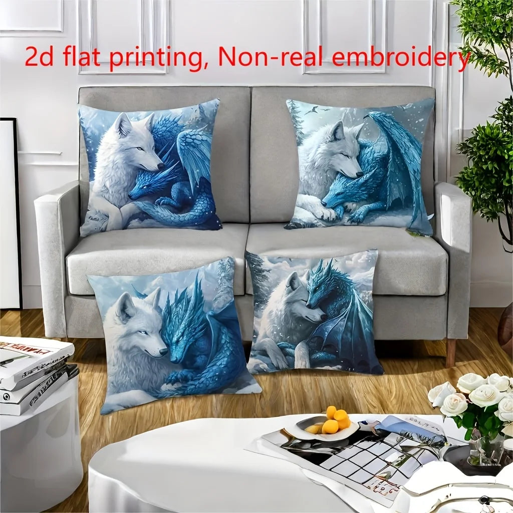 4 pillowcases featuring a design of a white wolf and a blue ice dragon. Comfortable and stylish, decorating your home sofa.