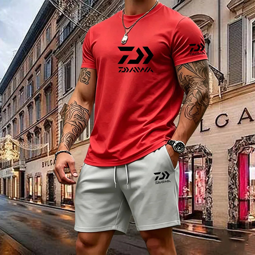 2026 Summer New Men's Fashion Outdoor Sports Set Printed Short Sleeve T-shirt+Shorts Loose Home Leisure Two Piece Set