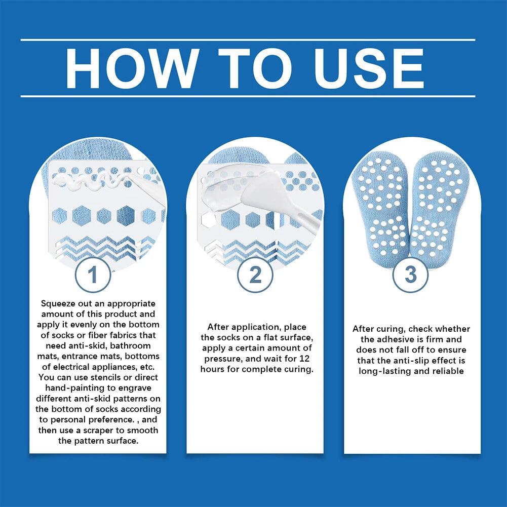 Anti Slip Sock Glue with Scraper and Template Sock Stop Glue Soft Non-Slip Adhesive for Socks Pet Socks Floor Mats Blankets