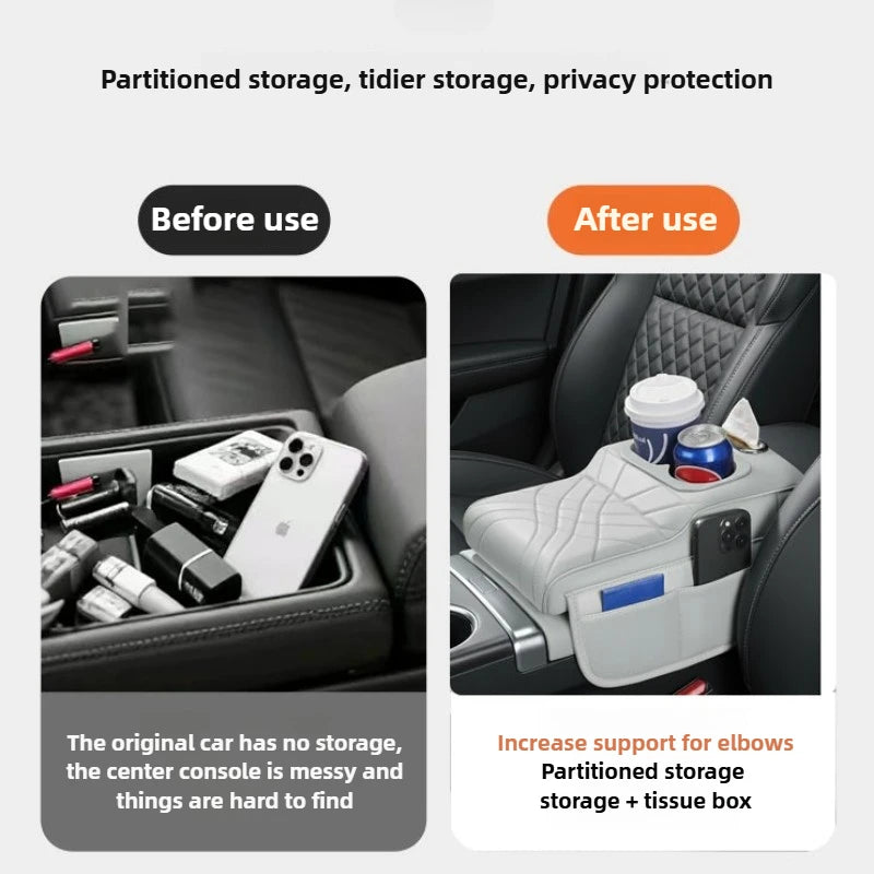 High-Low Style Car Armrest Box Cushion-An Armrest Cover with 2Side Pockets,2Cup Holders and 1 Tissue Box.Suitable for Most Cars
