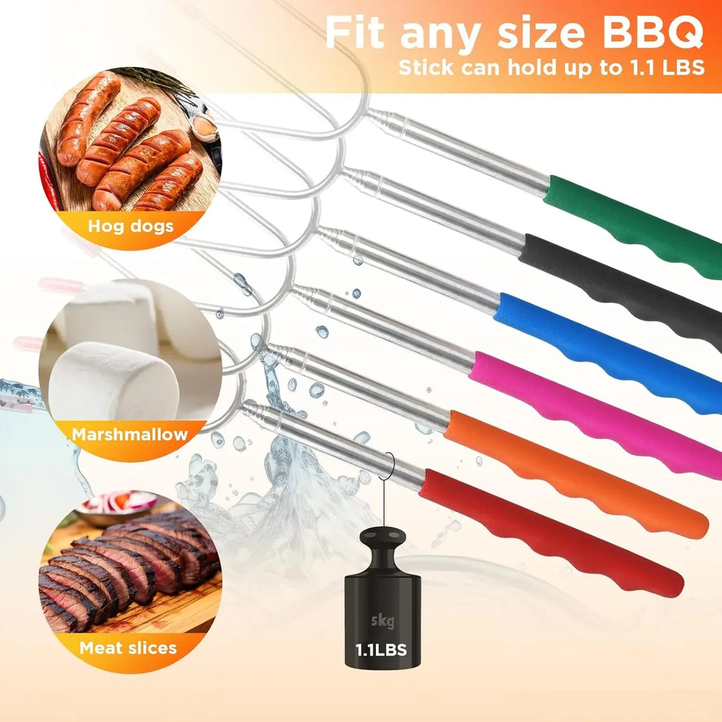 New 6pcs Stainless Steel Extendable Hot Dog Sausages Skewers Barbecue Tools Telescopic BBQ Forks Marshmallows Roasting Sticks