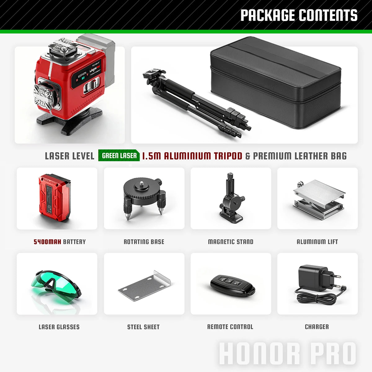 YEVOLT Industrial Grade 16 Lines Laser Level Green/Red Beam Touch Control LED Power Indicator Self-Leveling Tool for Engineers