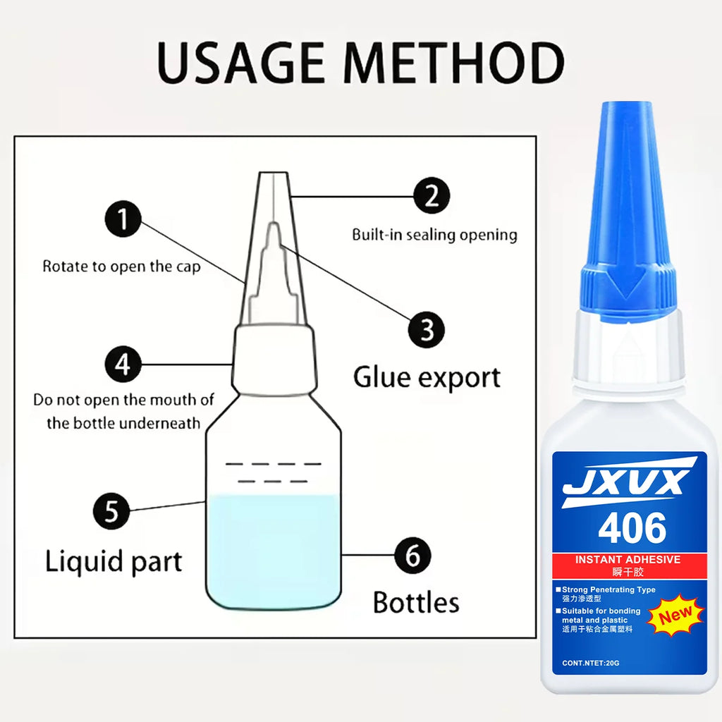 Loolifl 406 Instant Glue, Cyanoacrylate, Super Glue, 5 Seconds Quick Drying, for Metal, Plastic, Rubber, Glass, Toys, Shoes, Paper, Quick Repair, Not Easy to Whiten