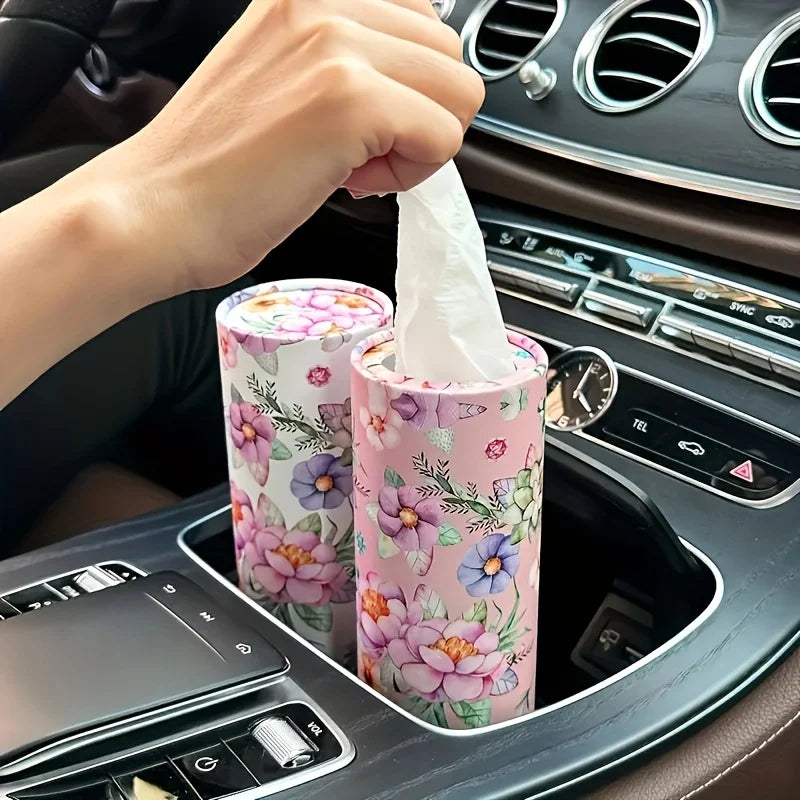 4Rolls Floral Car Tissue - Cylindrical Paper Towel Tube, Hand Wiping Paper for Car Seat, Includes Face Towels, Car Tissue Holder