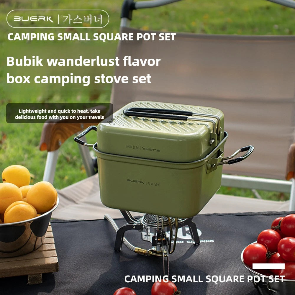 Outdoor Camping Square Pot Folding Portable Stainless Steel Lunch Box Frying Plate Cooking Pot Tableware Set Pot