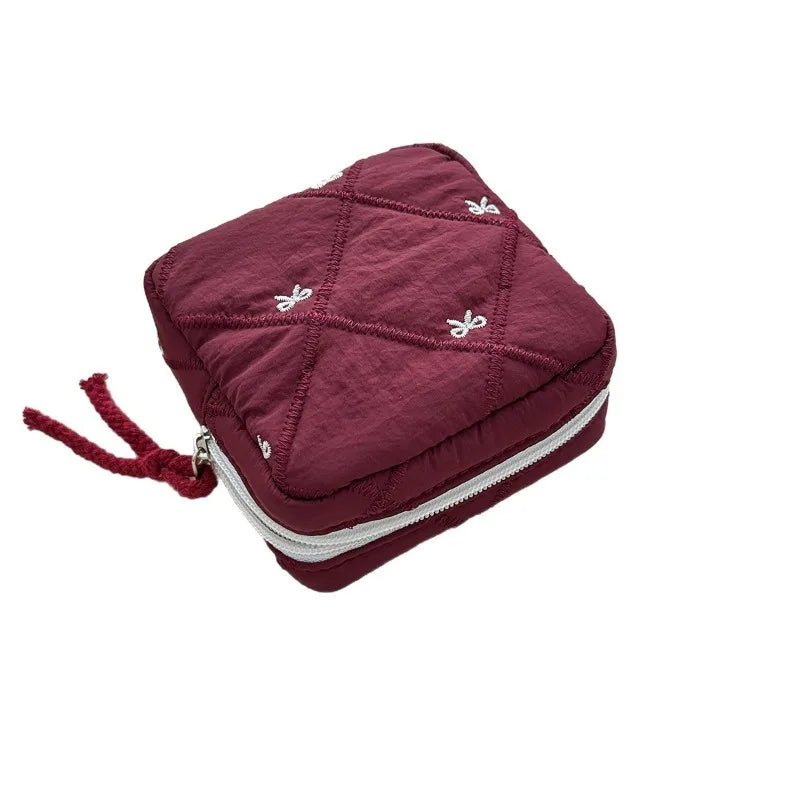 1pc Gift Bow Sanitary Napkin Organizer Bag Coquette Quilted Women's Mini Clutch Bag Cotton Keychain Earphone Coin Purse