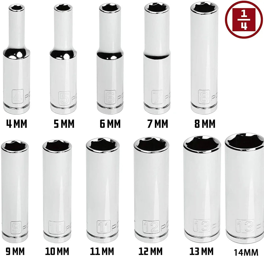 2025 Hot Sale 11pcs Metric Long Chrome Socket Set 1/4-Inch Drive 6-Point Deep Socket From 4 Mm To 14 Mm Professional Grade Tools