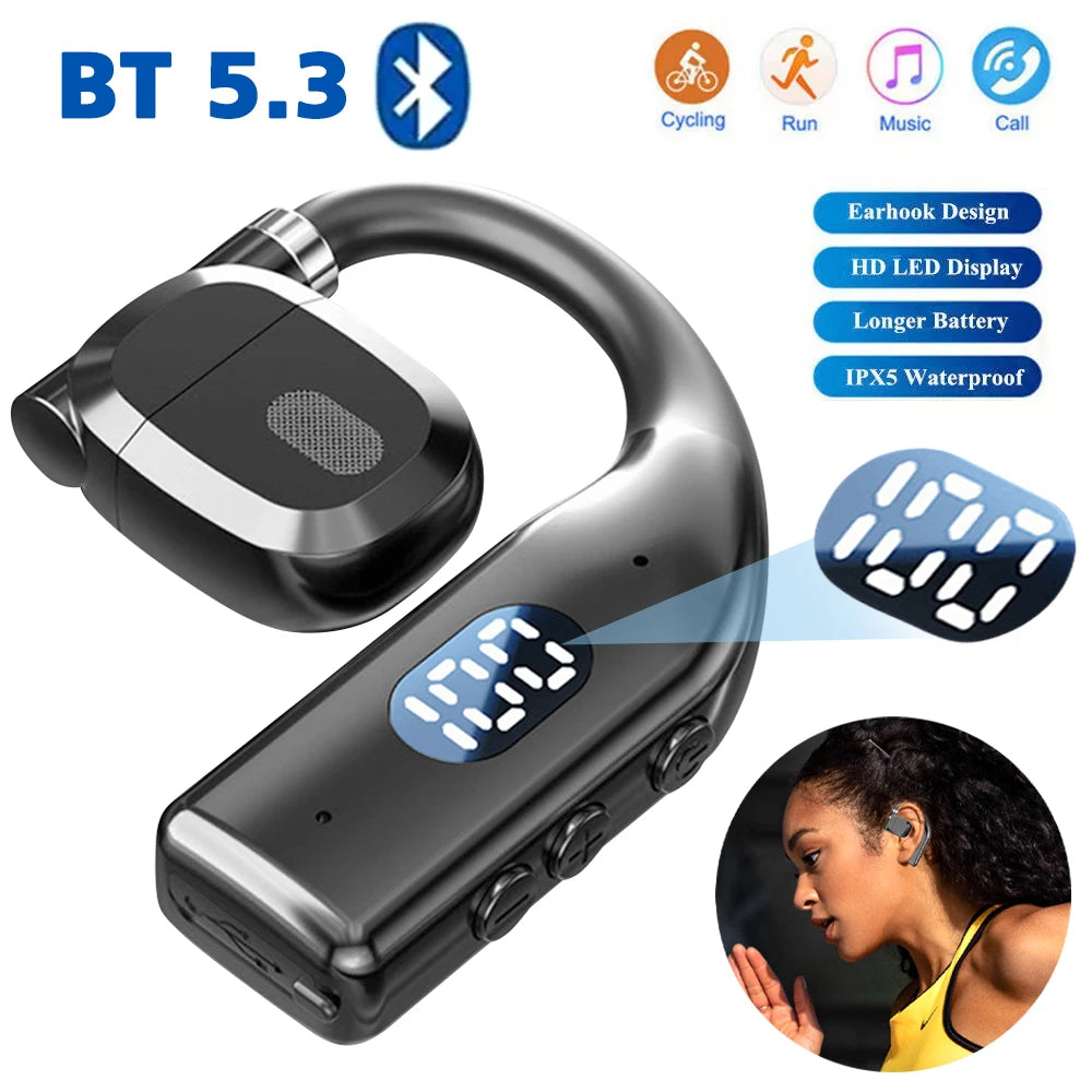 Wireless Bluetooth Headphones LED Display Single Ear Air Conduction Earphones Hands-Free Noise-Canceling Earbuds for Driving