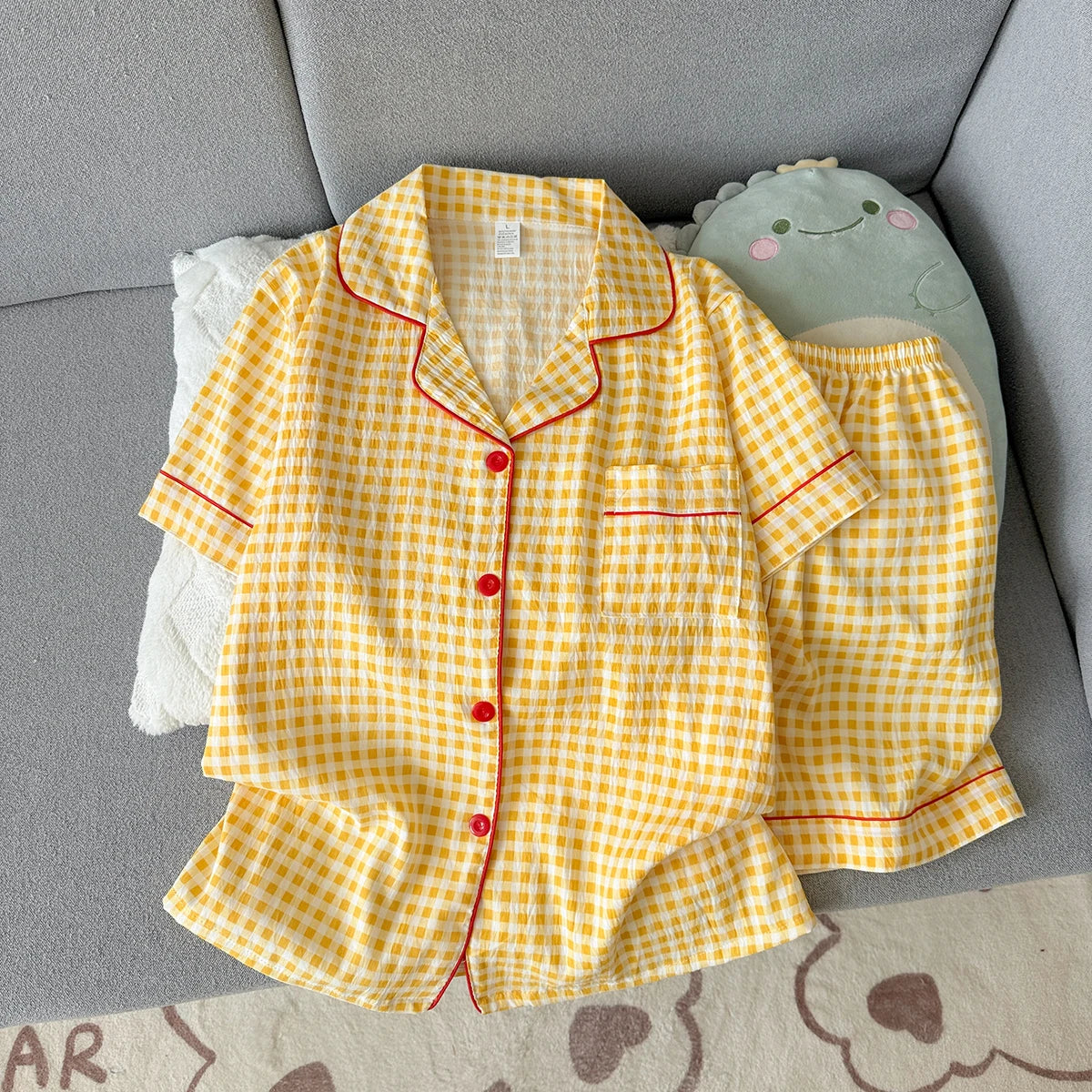 Women's Summer Pajamas, Thin Plaid Pattern Short-Sleeved Shorts, Sweet and Cute, Can Be Worn Outside in Summer, Two-Piece Home Wear Set