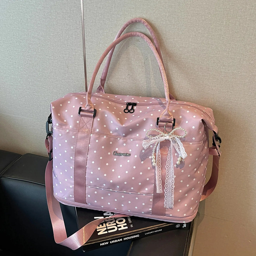 Korean Polka Dot Lazy Style Large Capacity Women's Luggage Bag Travel Handheld Short Trip Business Commuting Bag Lightweight ...