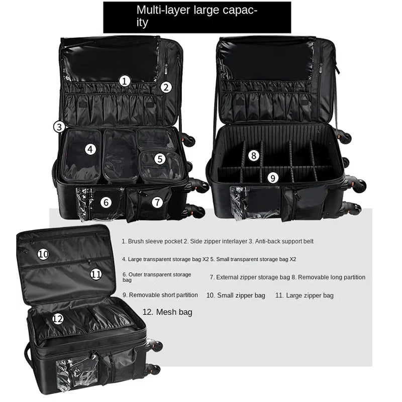 Professional Makeup Train Case Trolley Cosmetic Case Rolling Luggage Travel Suitcase Makeup Organizer Trolley Bags With Wheels