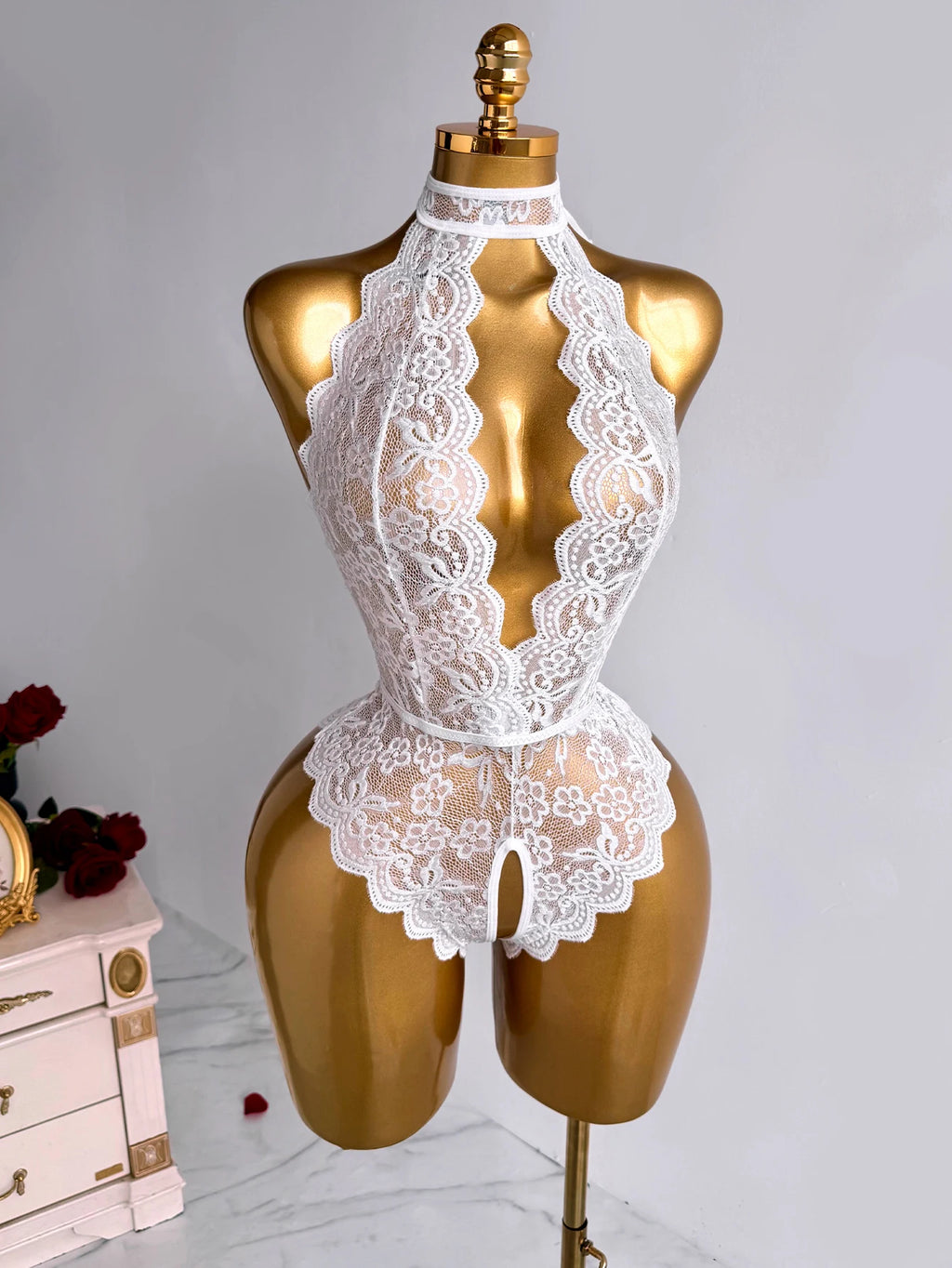 Women Romantic Halter Floral Lace Bodysuit Open Crotch Sheer Lingerie Sexy See Through Teddy Deep V Backless Slim Fit Nightwear