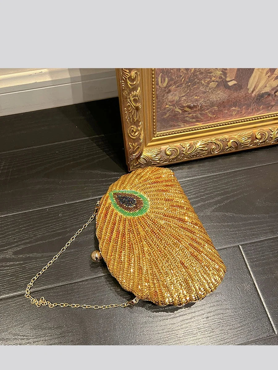 UGALS Chinese Style Bead Embroidery Peacock Shiny Diamond  Handbag Clutch Party Clip-On Shoulder Crossbody Bag