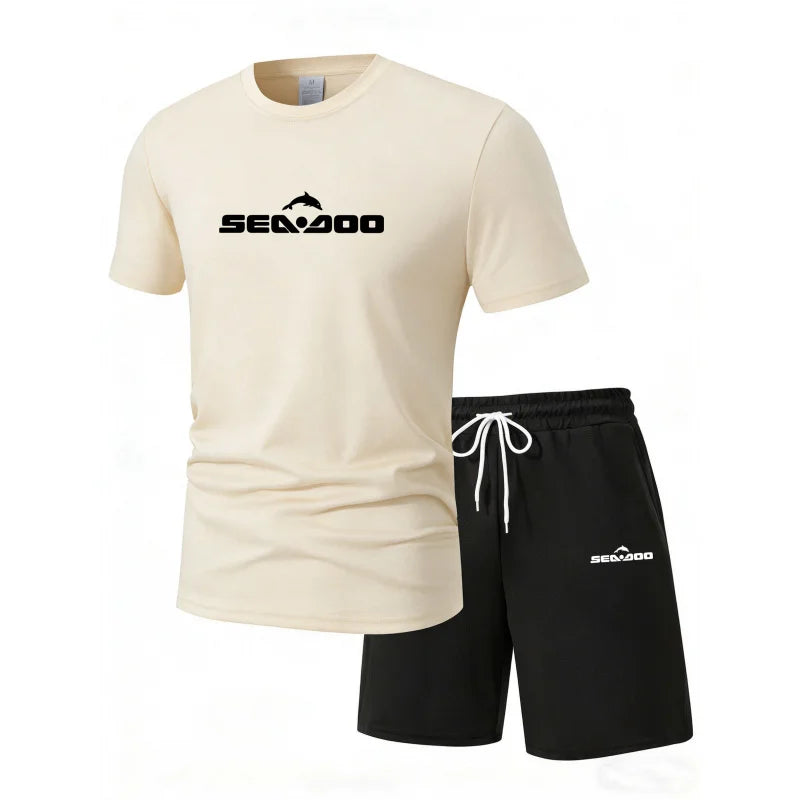 Sea Doo Seadoo Moto Printed Men's Running T-Shirt And Shorts Set Casual Elastic round Neck Sports Suit Quick Dry Comfortable