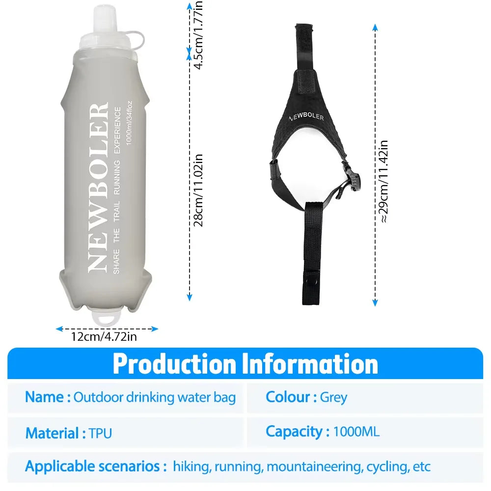 NEWBOLER 800/1000ml TPU Soft Water Bottle Ultra Lightweight Foldable Wristband Fixed Anti Slip Outdoor Running Soft Water Bottle