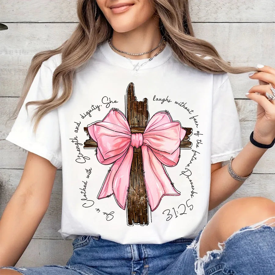 Plus Size Women Tshirt Bow Cross Proverbs Christian Bible Verse T-shirts Short Sleeve Cotton Graphic Tops Tees Female Clothing