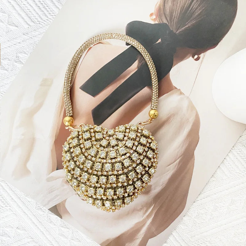 Heart Shaped Diamond Encrusted Glass Stone Evening Bag Women's Chain Handbag Stylish Crossbody Bag Elegant  Shape