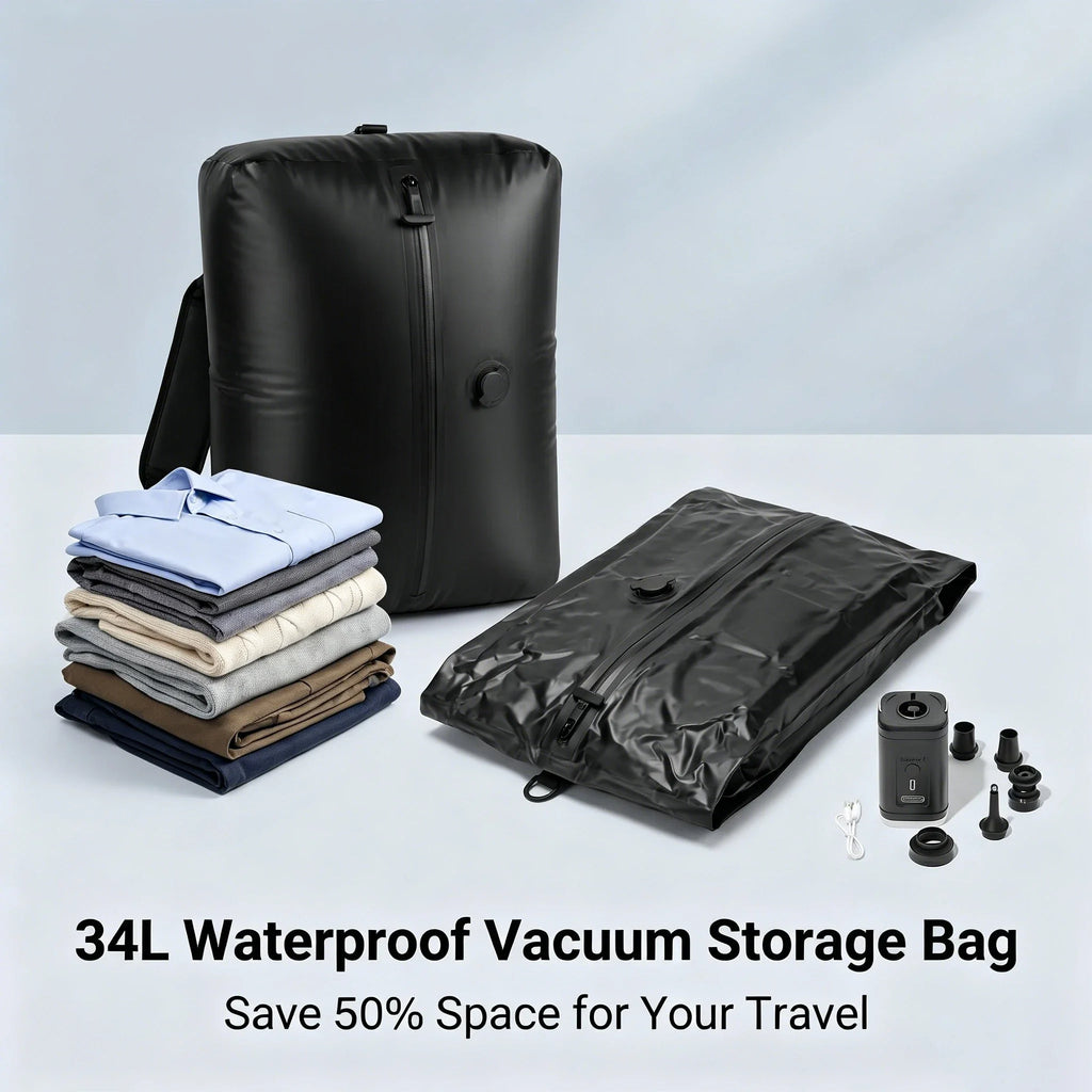 Vacuum Storage Bags 34L TPU Polyester IP67 Backpack Compression Bag 1200mAh Electric Pump Inflate Deflate Wearable Travel Black