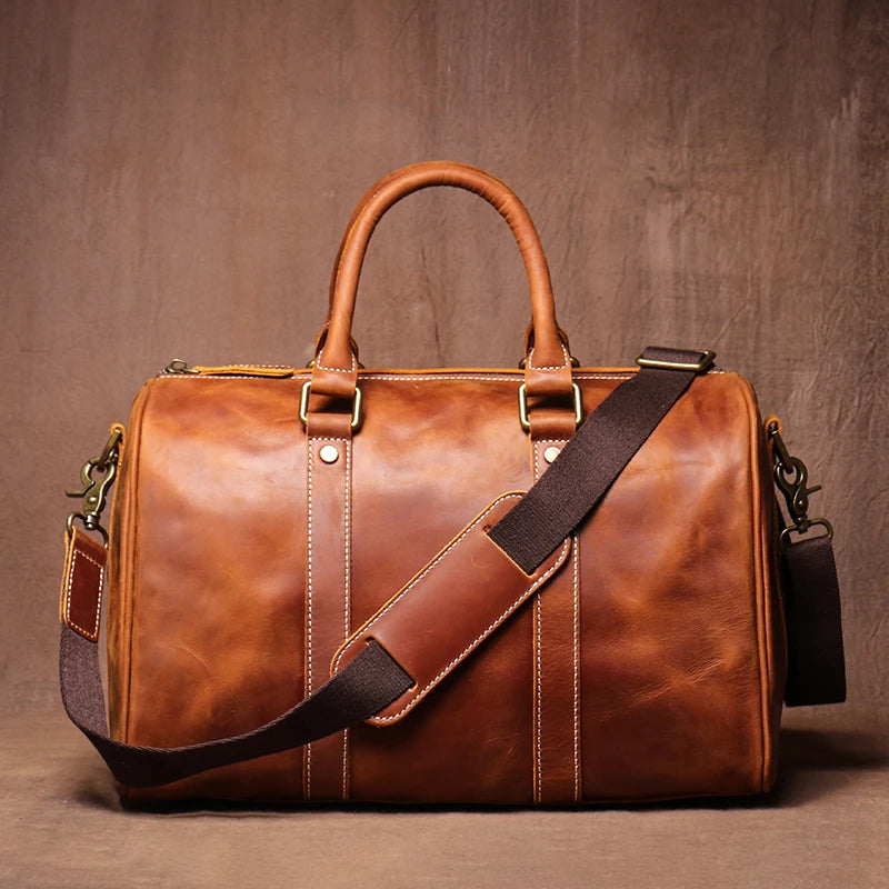 Retro Genuine Leather Fitness Bag Men Women Travel Handbag Short Trip Business Bag Slant Crossbody Bag Mad  Leather