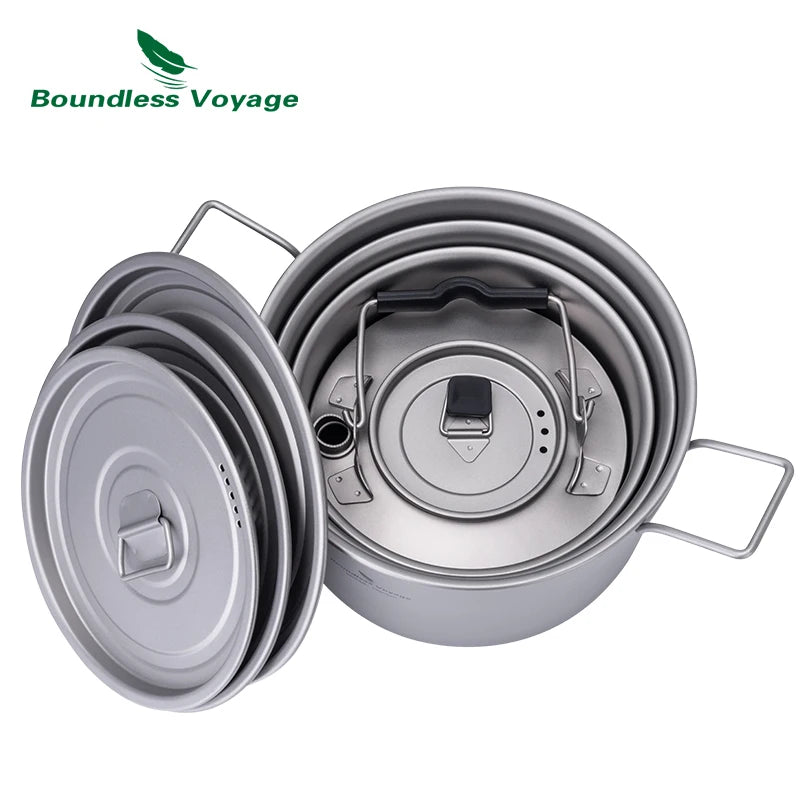Boundless Voyage 1.2L 1.8L 2.4L Titanium Pot 0.7L Camping Kettle Cookware Outdoor Portable Stackable Ultralight Cooking Mess Kit