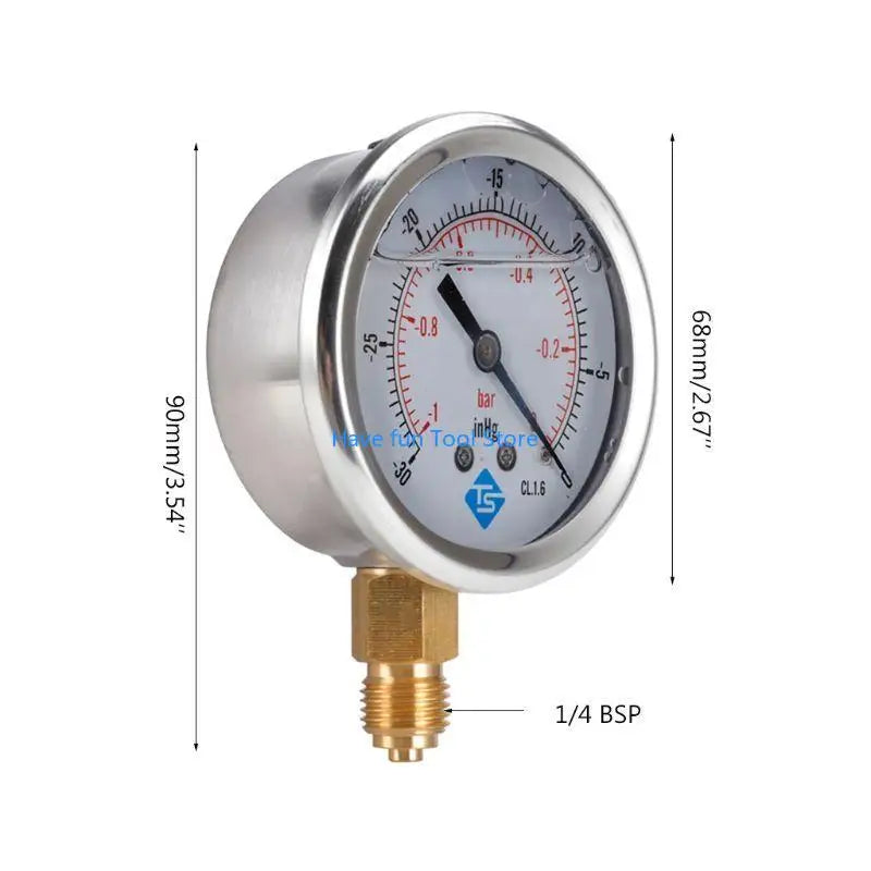 193B 1/4 BSP Bottom Mount Pressure Vacuum Gauge Glycerine Filled 68mm -1/+10 Bar