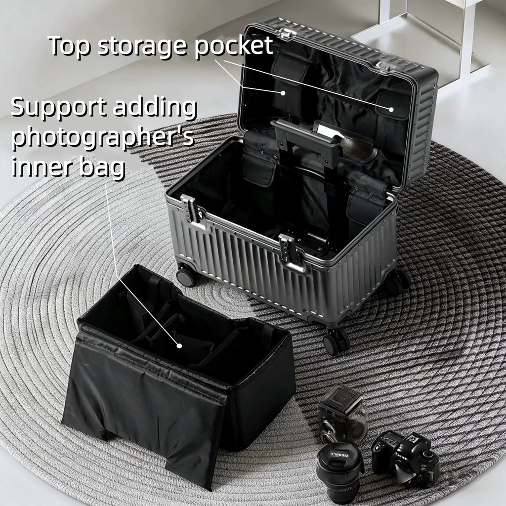 Top Opening Rolling Luggage 18/20 Boarding Carry-on Travel Photographer Suitcase PC Material with Aluminum Alloy Frame TSA Lock