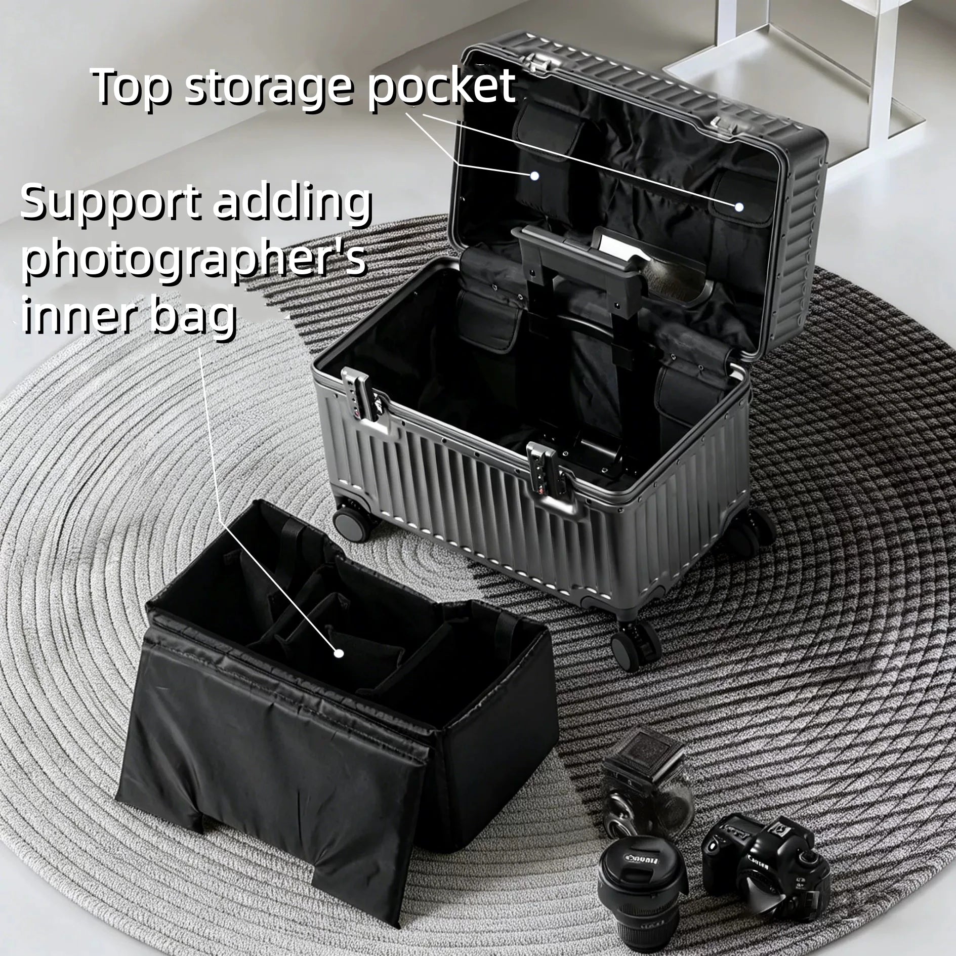 Top Opening Rolling Luggage 18/20 Boarding Carry-on Travel Photographer Suitcase PC Material with Aluminum Alloy Frame TSA Lock