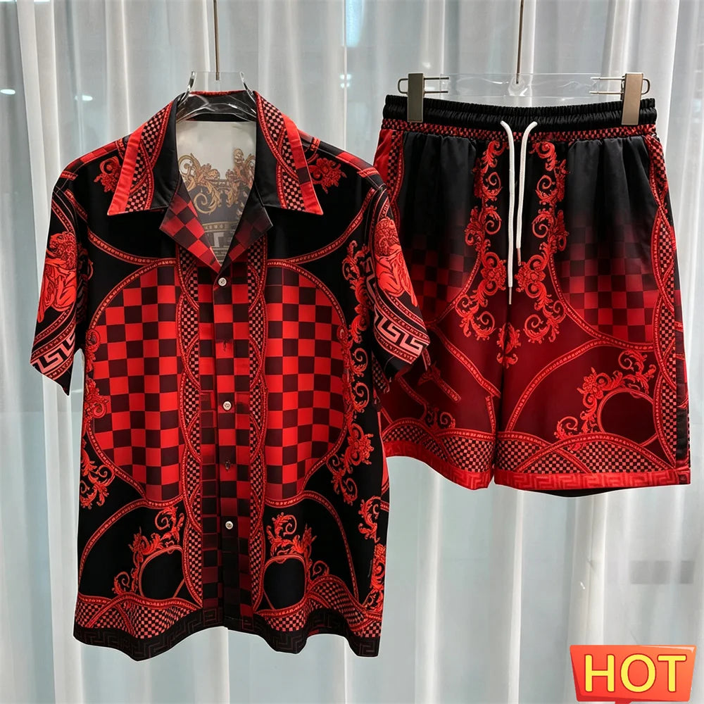 Gradient Leisure vacation two-piece set Summer mens shirt set men's matching sets menswear clothing Two piece shorts shirt sets
