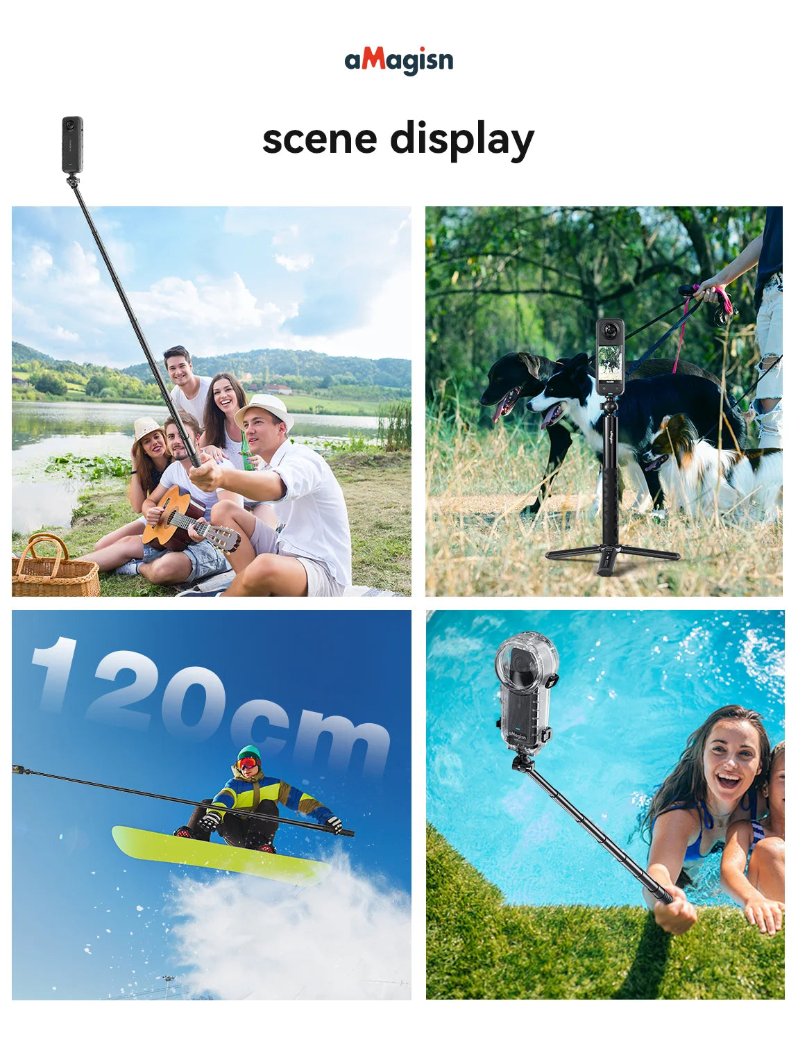 aMagisn Extendable Selfie Stick 70CM 120CM with 360°Ball Head for Insta360 Ace Pro 2 X5 X4 Air Gopro Hero 13 12 DJI Action 5 pro