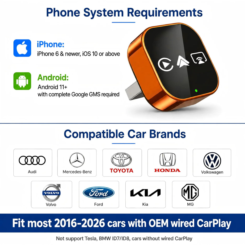 4-in-1 Wireless CarPlay Adapter For iPhone & Android Plug and Play Wired To Wireless Converte For Factory Wired CarPlay Vehicles